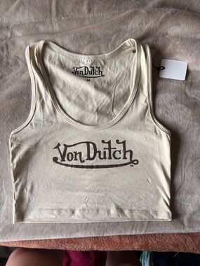 Von Dutch Cream Cropped Logo Tank Top